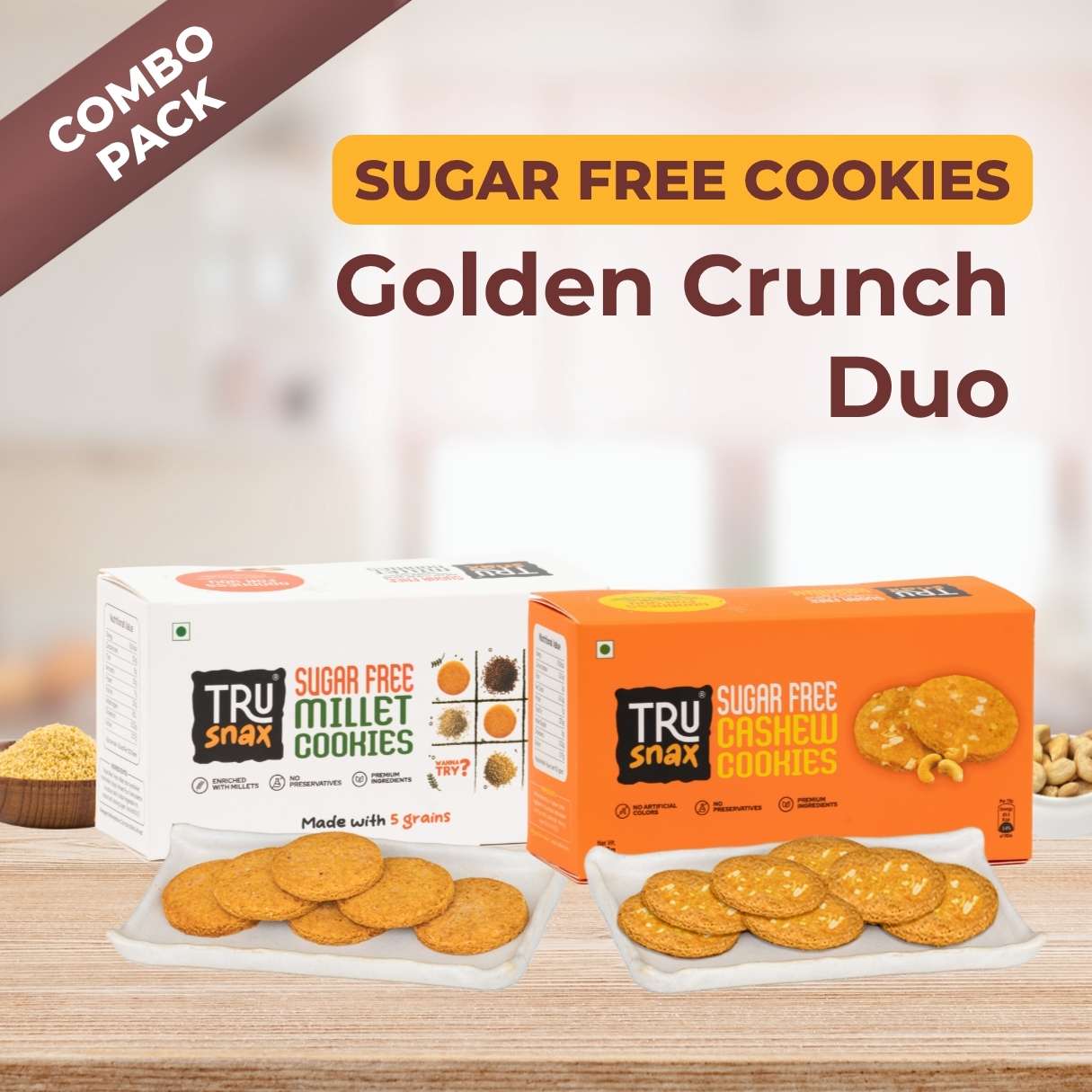 Trusnax Golden Crunch Duo – Sugar-free Millet & Cashew Cookies combo